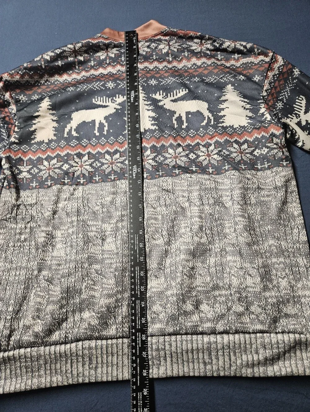 Fair Isle Zip Pullover with Reindeer & Elbow Patches - Navy, Cream & Rust